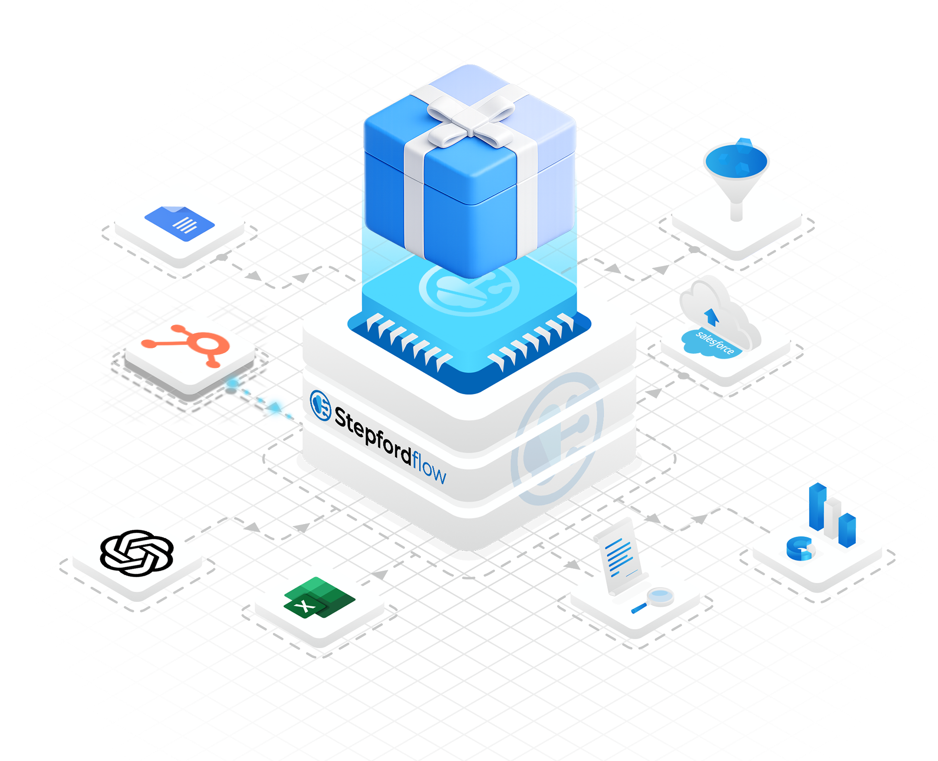 Stepford Flow isometric illustation CRM workflows